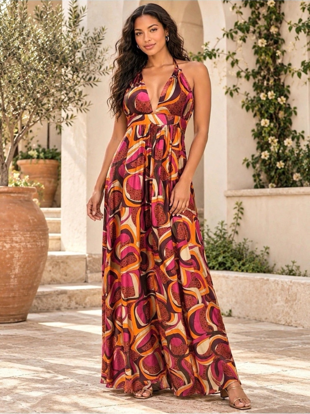 t-bags Los Angeles Geometric Silk Halter Maxi Dress in Purple & Orange Size Medi